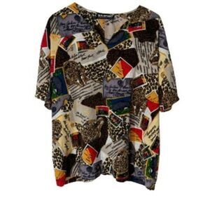 Vintage SG Sport Collection XL Shirt Blouse Red Blue Brown Animal Print